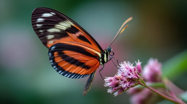 Ismenius tiger butterfly (heliconius ismenius) pollinating vibrant tropical flower in natural rainforest habitat, detailed orange and black patterned wings, exotic wildlife macro close up with colorfu