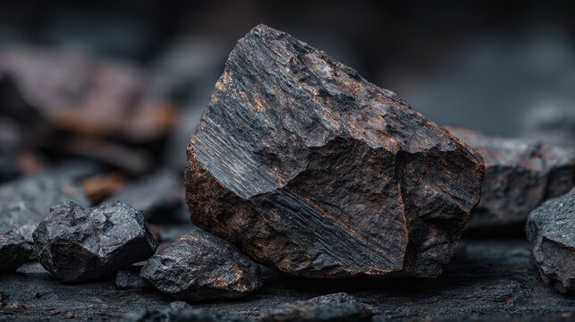 Macro view of raw coal and iron ore rocks in a dark industrial mining setting