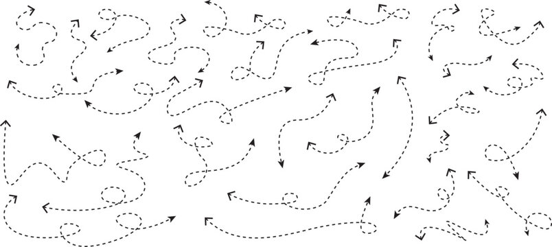 Set of hand drawn curved and dotted directional arrow vectors Collection. minimalist dashed arrow and navigation symbol, versatile vector graphics. dashed curved arrows drawing.
