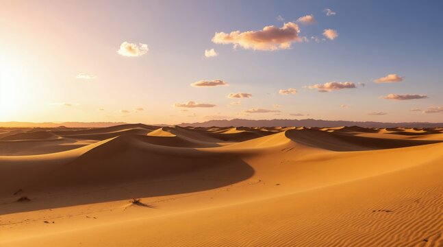 Expansive desert dunes under a wide sky at sunset. Golden sand waves stretch to the horizon. Gentle clouds drift above the vast, empty landscape. Nature beauty unfolds in this arid panorama.