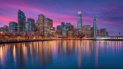 Naklejka premium Stunning skyline of a modern city at twilight with vibrant colors reflecting on water, showcasing architecture and urban life under a dramatic sunset sky