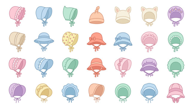 Collection of baby bonnet and infant hat icons in pastel colors for newborn clothing and retail