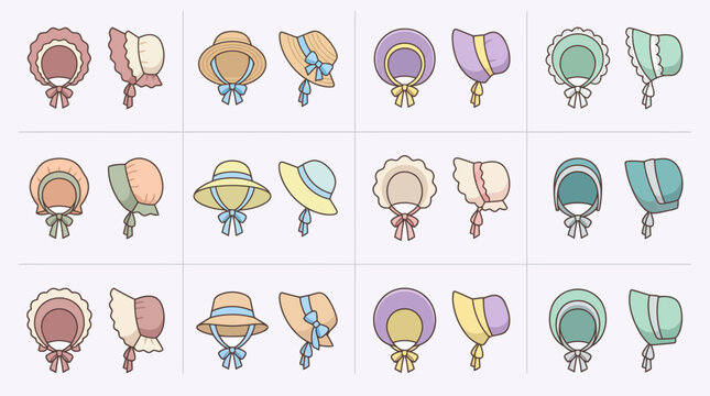 Set of vintage baby bonnets and sun hats icons in pastel colors for fashion illustration or childhood design projects