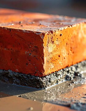 Close-up of a wet, textured red brick resting on wet concrete