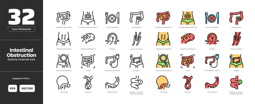 Intestinal Obstruction Icon Set Collection - Outline Line Art Style. Containing Abdominal Swelling, Barium Enema, Bowel Xray, Colon Cancer, Constipation, Crampy Abdominal Pain, Hernia, Bowel Movement.