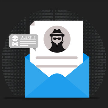 Phishing email with hacker identity alert, highlighting malware risk, data theft, cyber attack, and email security threat on digital network background.