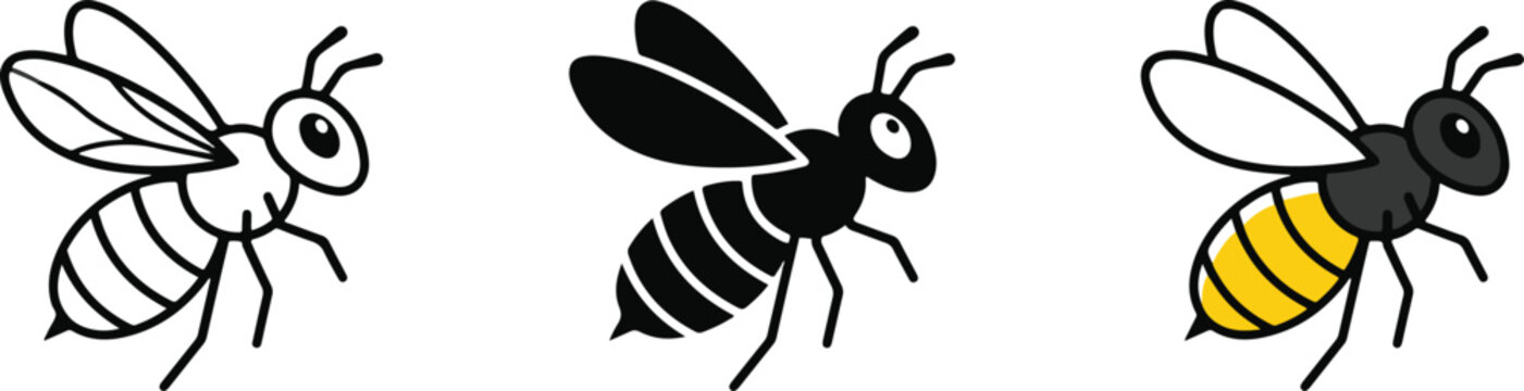 Set of bee icons in outline solid and colored styles representing pollination nature insect agriculture and environmental ecology vector illustration