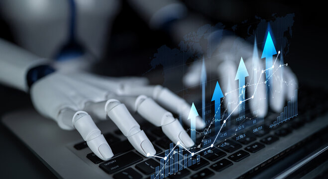 A futuristic robotic hand interacts with a laptop, showcasing rising graphs and data analytics to represent technological growth and artificial intelligence advancements. Scalp