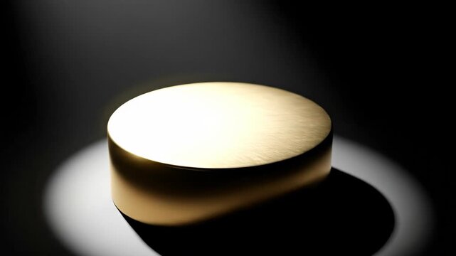 Golden cylinder pedestal illuminated by a spotlight. Empty stage for product showcase. Metallic circular platform with glowing highlights on dark background display.