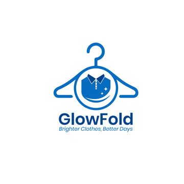 Glow fold Laundry and Dry Cleaning Service Logo Design with Hanger and Shirt