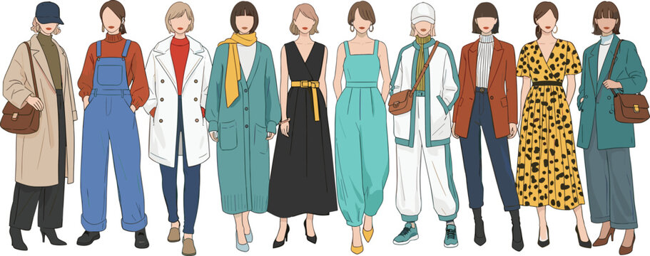 Fashion Illustration Set Featuring Stylish Outfits, Streetwear, and Trendy Looks for Women in Casual and Formal Styles