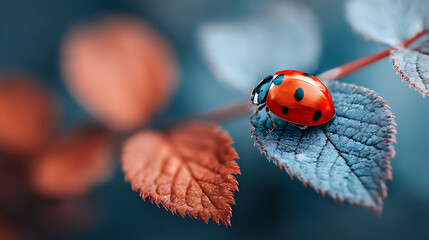 Fototapeta premium Ladybug on a leaf in macro shows intricate details of legs and antennae against a soft blurred background.