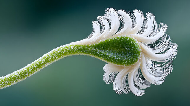 Delicate macro of flowers with fine white filaments and a textured green stem, captured in soft light against a smooth gradient background.