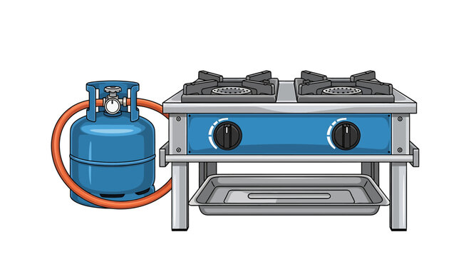 Portable blue gas camping stove with propane tank ready for cooking.