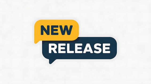 New release announcement, speech bubbles, notification icons, yellow and blue text