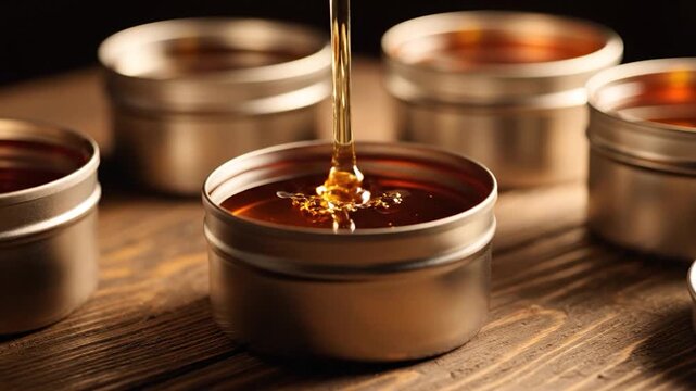 A close-up shot shows a liquid being poured into small, round metal containers, creating a visually appealing scene on a wooden surface