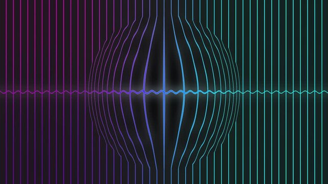 Neon pink and blue waves pulse against a dark background. Luminous streaks radiate in symmetrical, futuristic motion