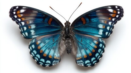 Obraz premium Vibrant blue tropical butterfly isolated on white background with colorful iridescent wings, detailed exotic insect macro photography, delicate natural beauty and elegant wildlife closeup concept