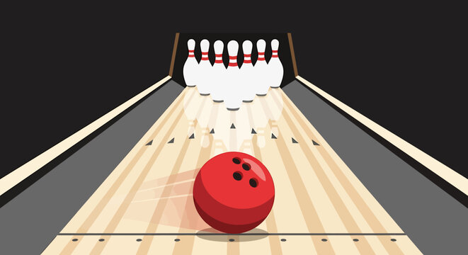 Red Bowling Ball Rolling Towards White Bowling Pins on Lane.