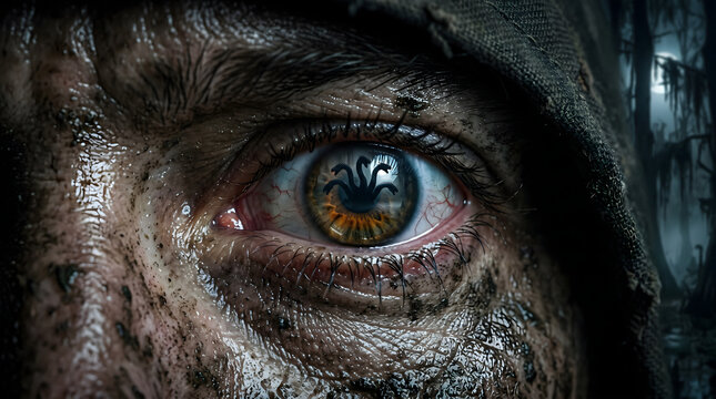 Extreme close-up of a dirty human eye reflecting a multi-headed mythical monster silhouette in a dark, eerie swamp forest at night.
