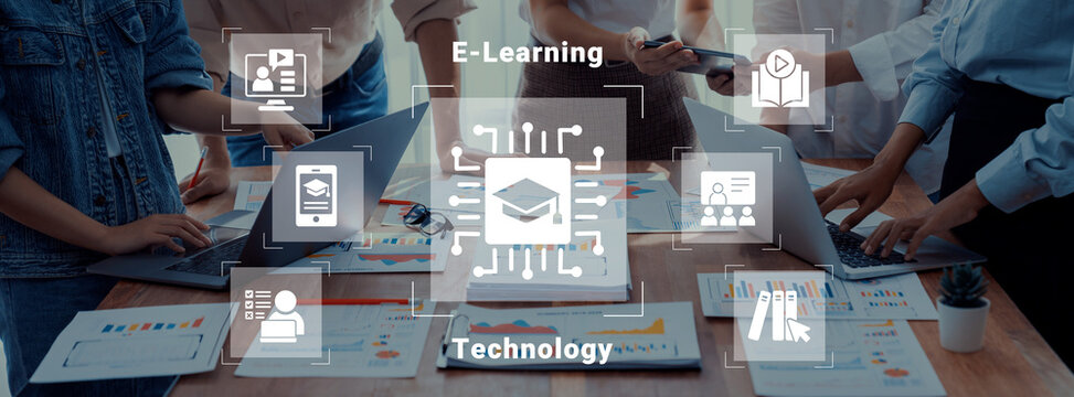 Collaborative professionals engage in e-learning technology within a modern workspace, showcasing digital tools and educational resources for effective online learning experiences. Cyphers