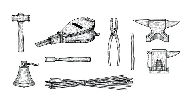 Blacksmith tools collection with anvil furnace hammer bellows tongs and metal iron rods.