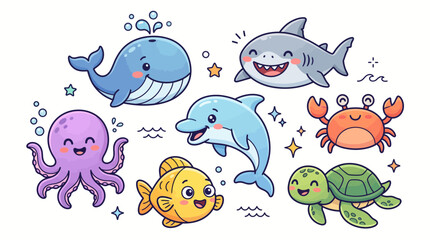 Fototapeta premium Cute collection of cartoon sea animals including whale, shark, dolphin, octopus, turtle, crab and fish on white background, perfect for kids stickers, nursery decor and educational material