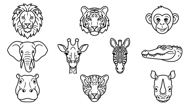 Wild animal face line art icons collection featuring lion tiger elephant and giraffe on white background, perfect for educational coloring books, mascot logo design and safari branding