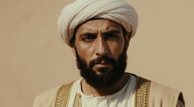 Moroccan explorer Ibn Battuta wears traditional turban and robe. Mature man with dark beard looks intently ahead, conveying wisdom and historical journey. Desert background.