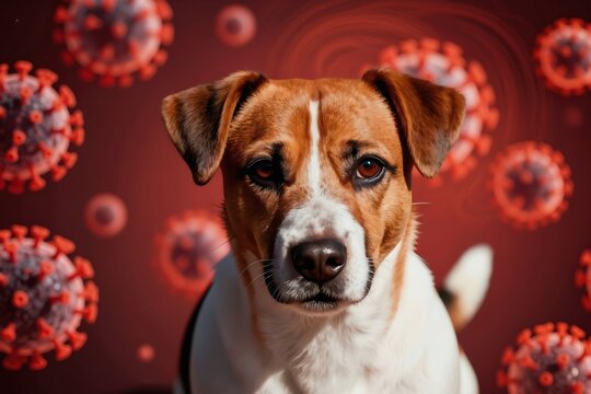Dog near red virus particles represents canine parvovirus threat. Awareness and prevention info needed for puppies. Veterinarians share health guidance on pet care. Urgent vaccination saves lives.
