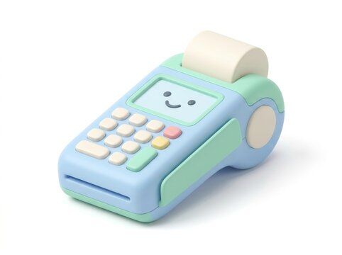Cute cartoonish payment terminal with a happy face, perfect for small business marketing materials or financial illustrations