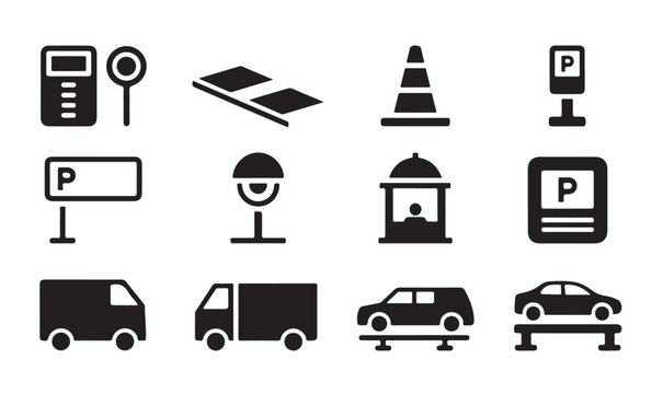 Service and facility icons for parking lots including ticketing machines and security booths.