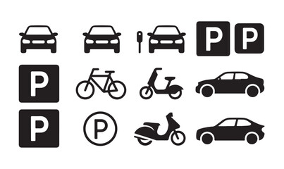 Professional set of vehicle and parking signage icons for urban navigation design systems. © MD.RAHIM