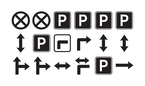 Road marking and parking direction icons vector silhouette set for urban traffic management.