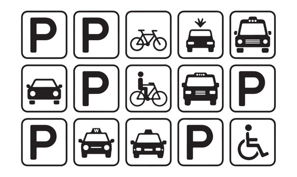 Transportation parking zone icons vector silhouette for taxi bicycle and handicapped access.