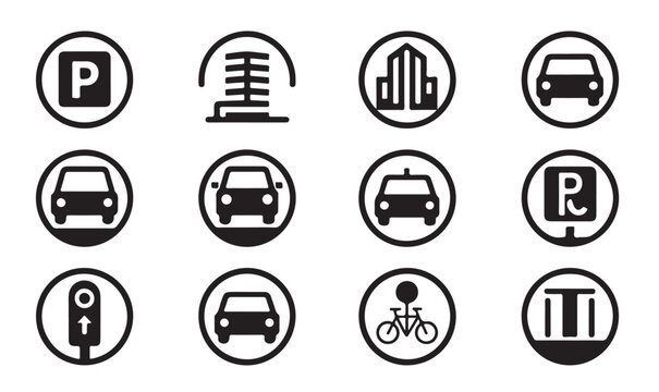 Set of flat circular parking and building icons for architectural and urban map graphics.
