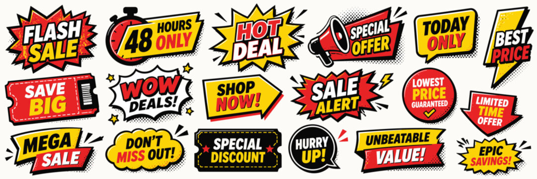 Collection of bright sale and discount tags banners and stickers for retail marketing and promotion.