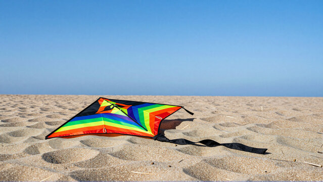 Colorful kite with a tail on a sandy beach under blue sky
