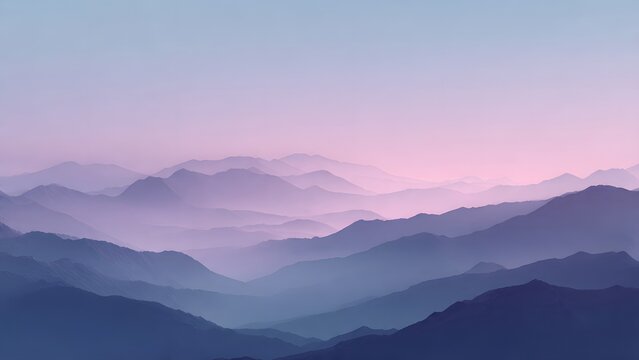 A beautiful morning mist veils the forest valley as a golden sunrise illuminates the mountain peaks and blue horizon