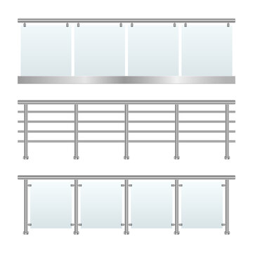 Three styles of metallic railings with glass panels on a white background.