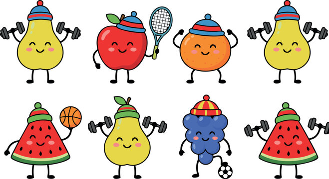 Kawaii Cartoon Fruit Sport Characters Set Featuring Healthy Food Icons Exercising With Dumbbells And Playing Sports