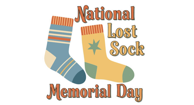 Illustrated vector graphic celebrating National Lost Sock Memorial Day features a pair of mismatched socks against a white background, employing a humorous home concept and laundry day