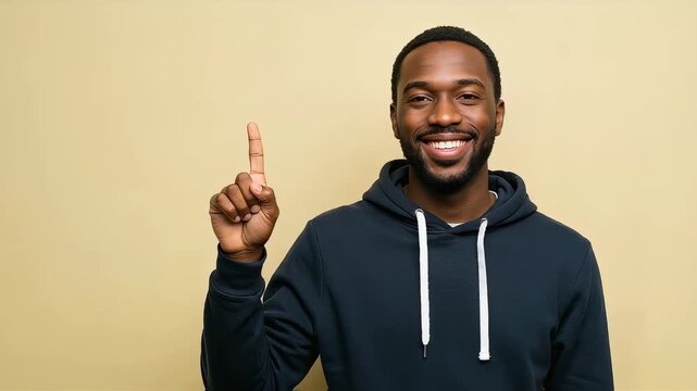 A man smiles and points upwards, having a sudden realization of an idea or the correct solution.