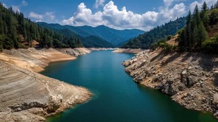Obraz premium Serene View of a Water Reservoir Surrounded by Trees and Mountains Under a Bright Blue Sky with Fluffy Clouds Hovering Above the Landscape