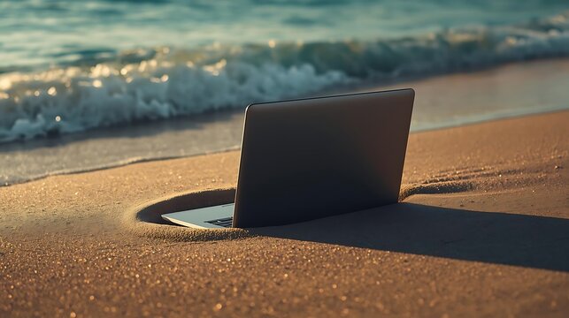 Laptop partially buried in beach sand with ocean background depicting digital burnout