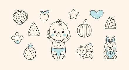 Cute baby boy shower vector set, hand drawn infant nursery icons with blue accents, newborn child and toy collection for greeting cards and invitations © stcok victer cenva
