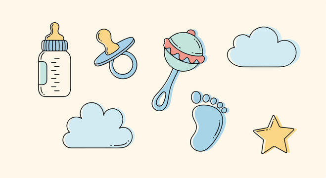 Pastel baby shower vector icons set, cute nursery elements with feeding bottle and pacifier, hand drawn rattle and clouds for newborn greeting cards