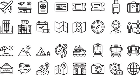 Set of travel and tourism line icons including airplane passport visa transport hotel map and vacation elements vector illustration © EPS VECOR 