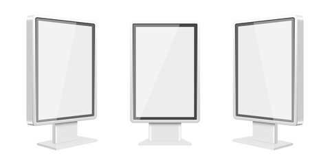 Triple mockups of blank advertising billboards on stands for marketing display. © Sky