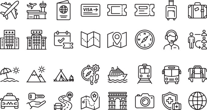 Set of travel and tourism line icons including airplane passport visa transport hotel map and vacation elements vector illustration